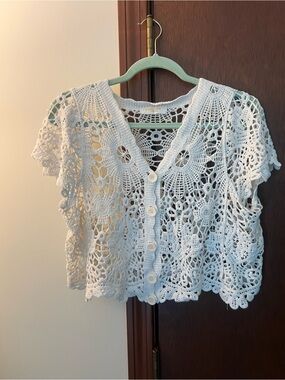 Crochet Button-Front Short Sleeve Top in White
